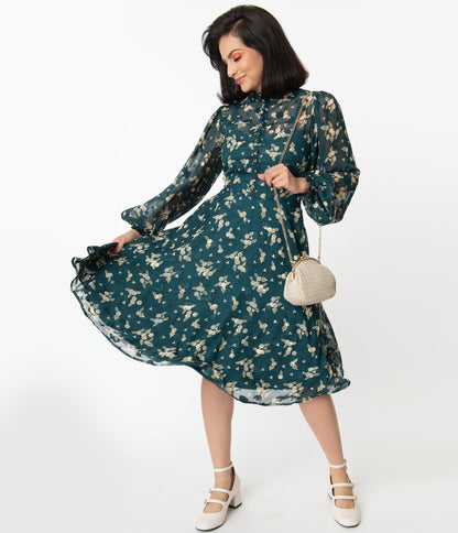 Unique Vintage Teal & White Floral Leota Swing Dress