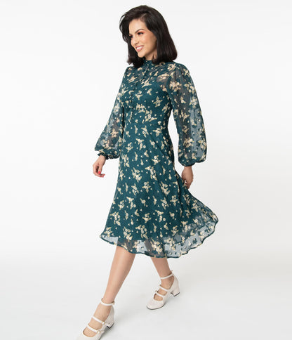 Unique Vintage Teal & White Floral Leota Swing Dress