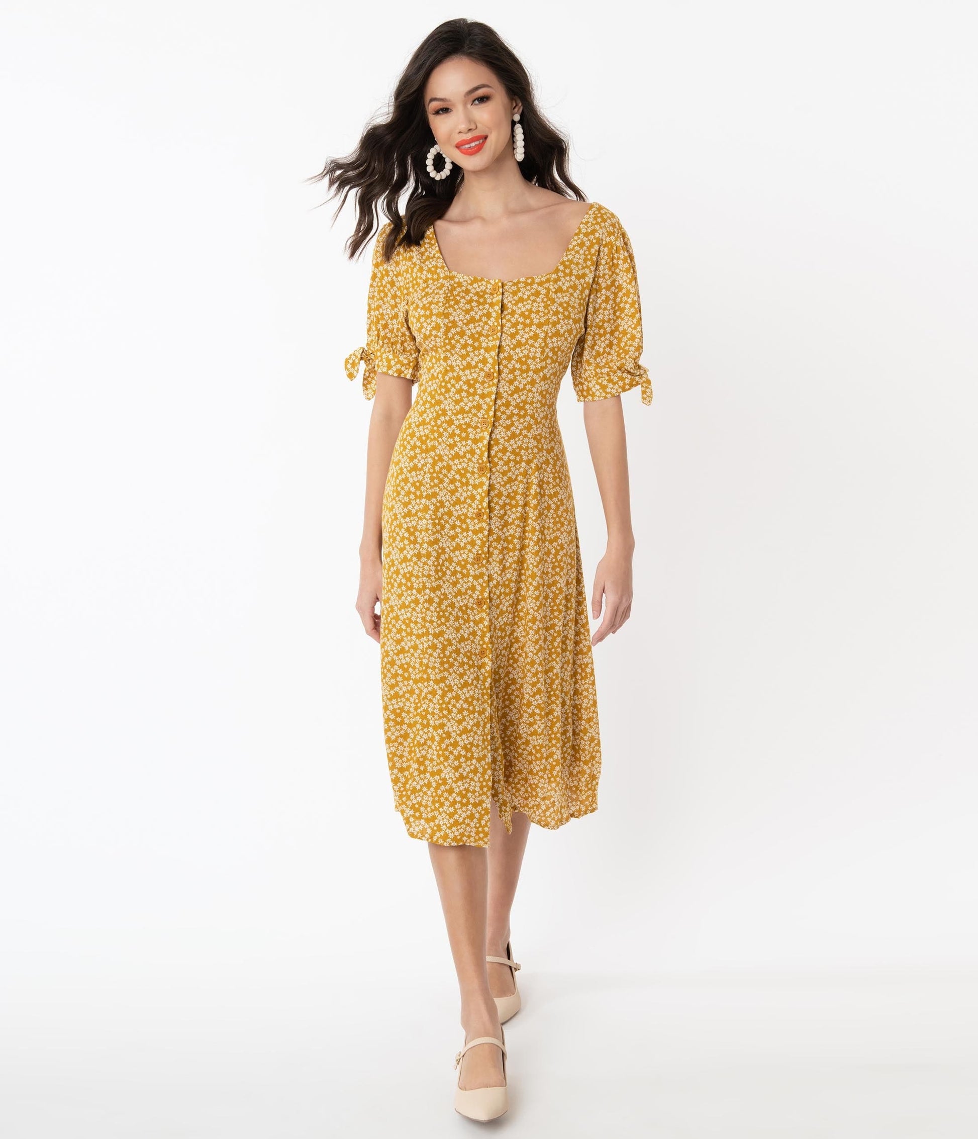1940s Mustard & White Floral Print Midi Shirt Dress