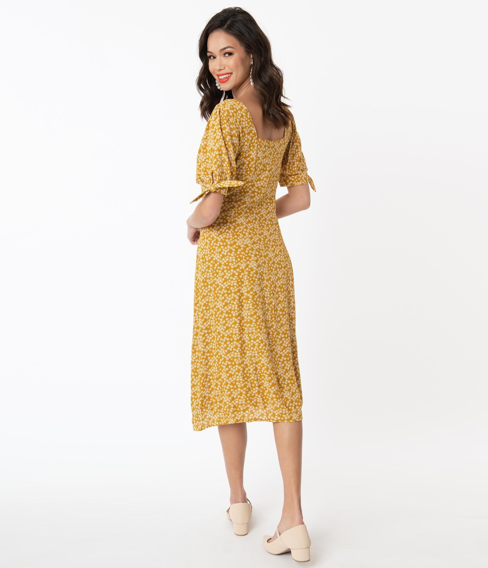 1940s Mustard & White Floral Print Midi Shirt Dress
