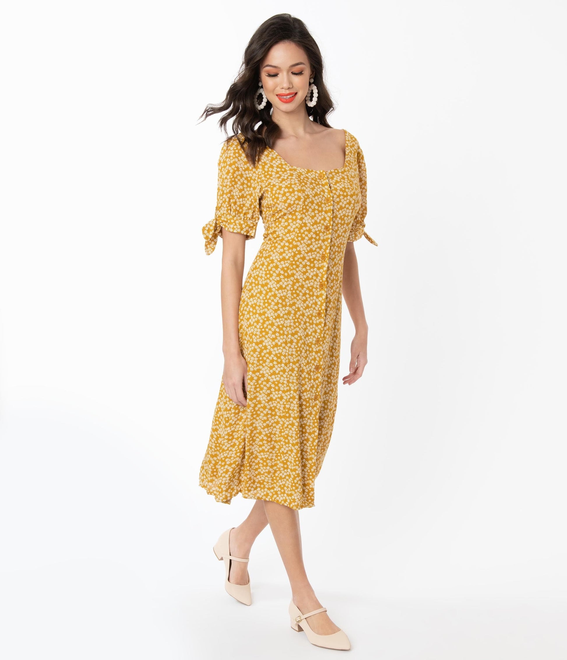 1940s Mustard & White Floral Print Midi Shirt Dress