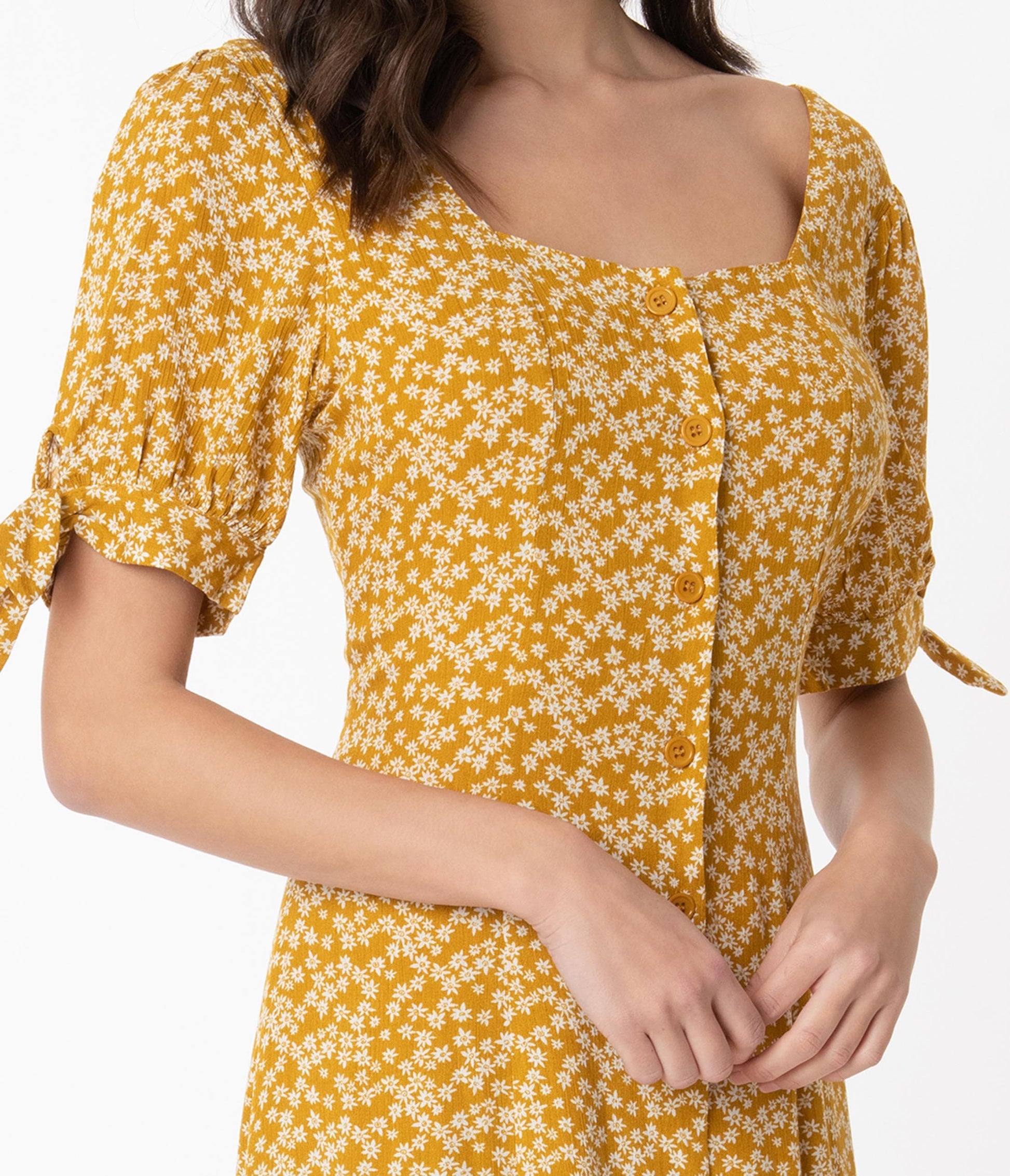 1940s Mustard & White Floral Print Midi Shirt Dress