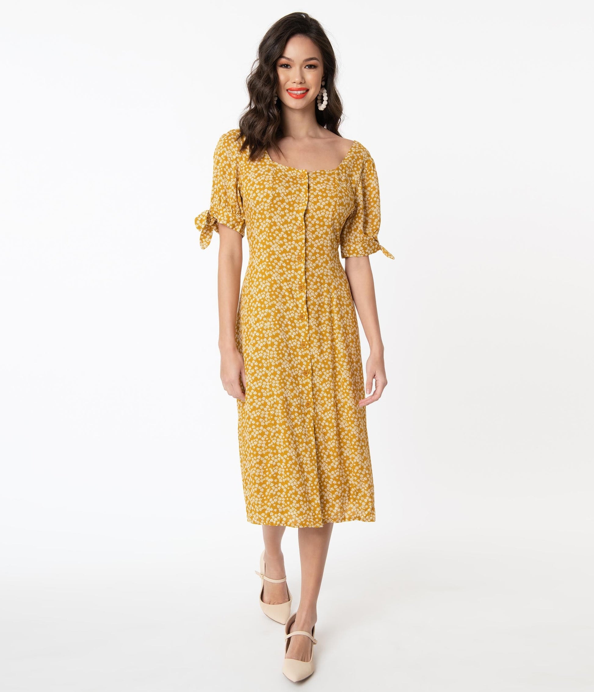 1940s Mustard & White Floral Print Midi Shirt Dress