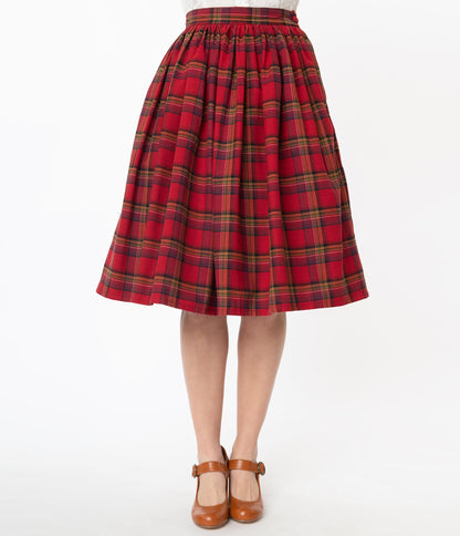 1950s Unique Vintage Red Plaid Gellar Swing Skirt