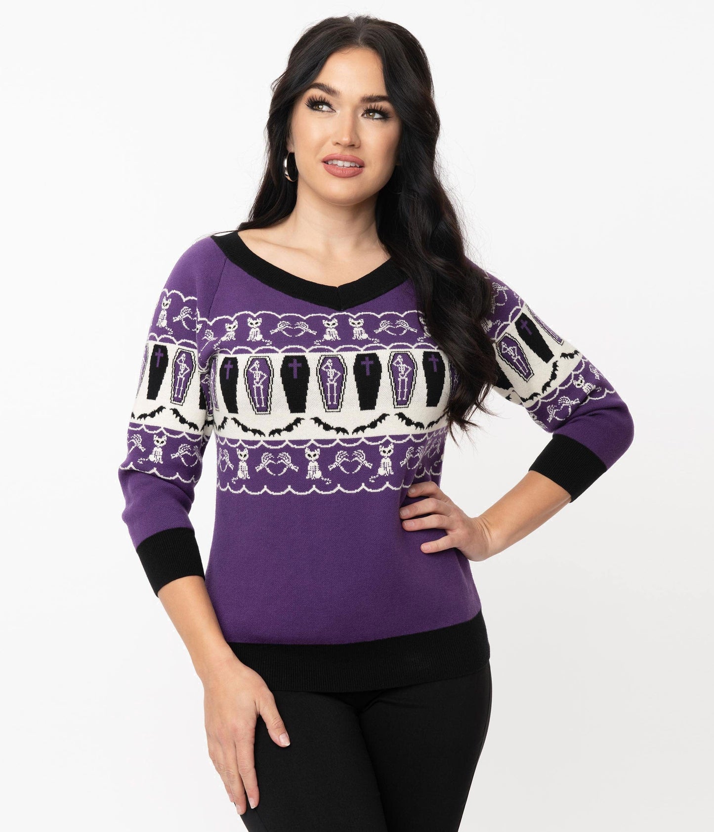 Unique Vintage Purple Coffins & Cats Fair Isle Pattern Scully Sweater