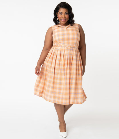 Plus Size 1950s Orange & Blue Plaid Matilda Swing Dress