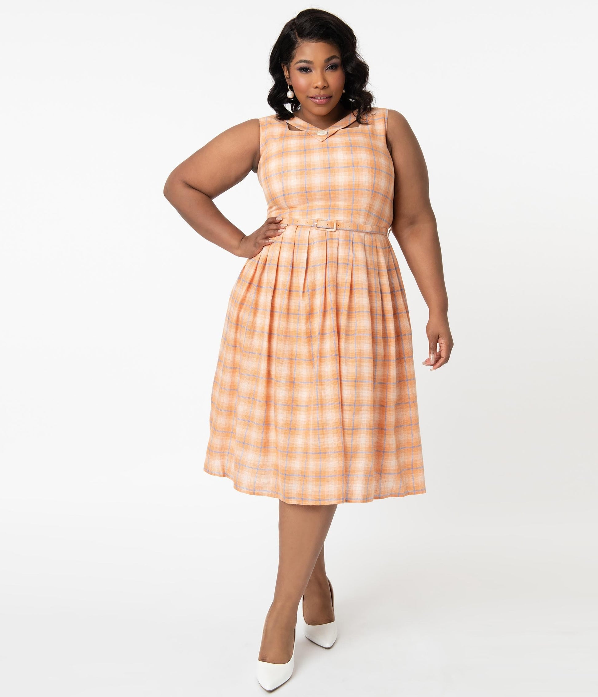 Plus Size 1950s Orange & Blue Plaid Matilda Swing Dress