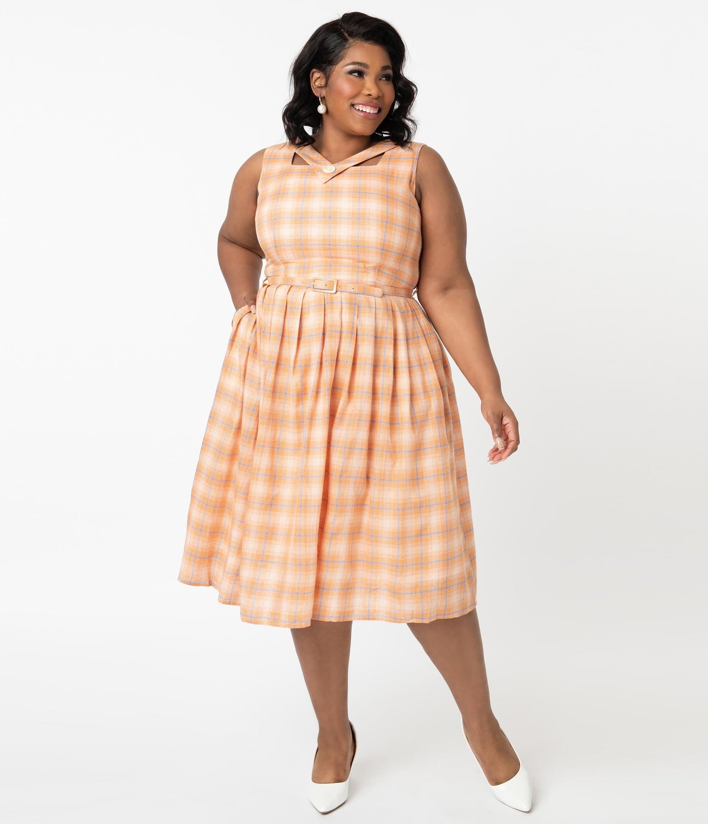 Plus Size 1950s Orange & Blue Plaid Matilda Swing Dress