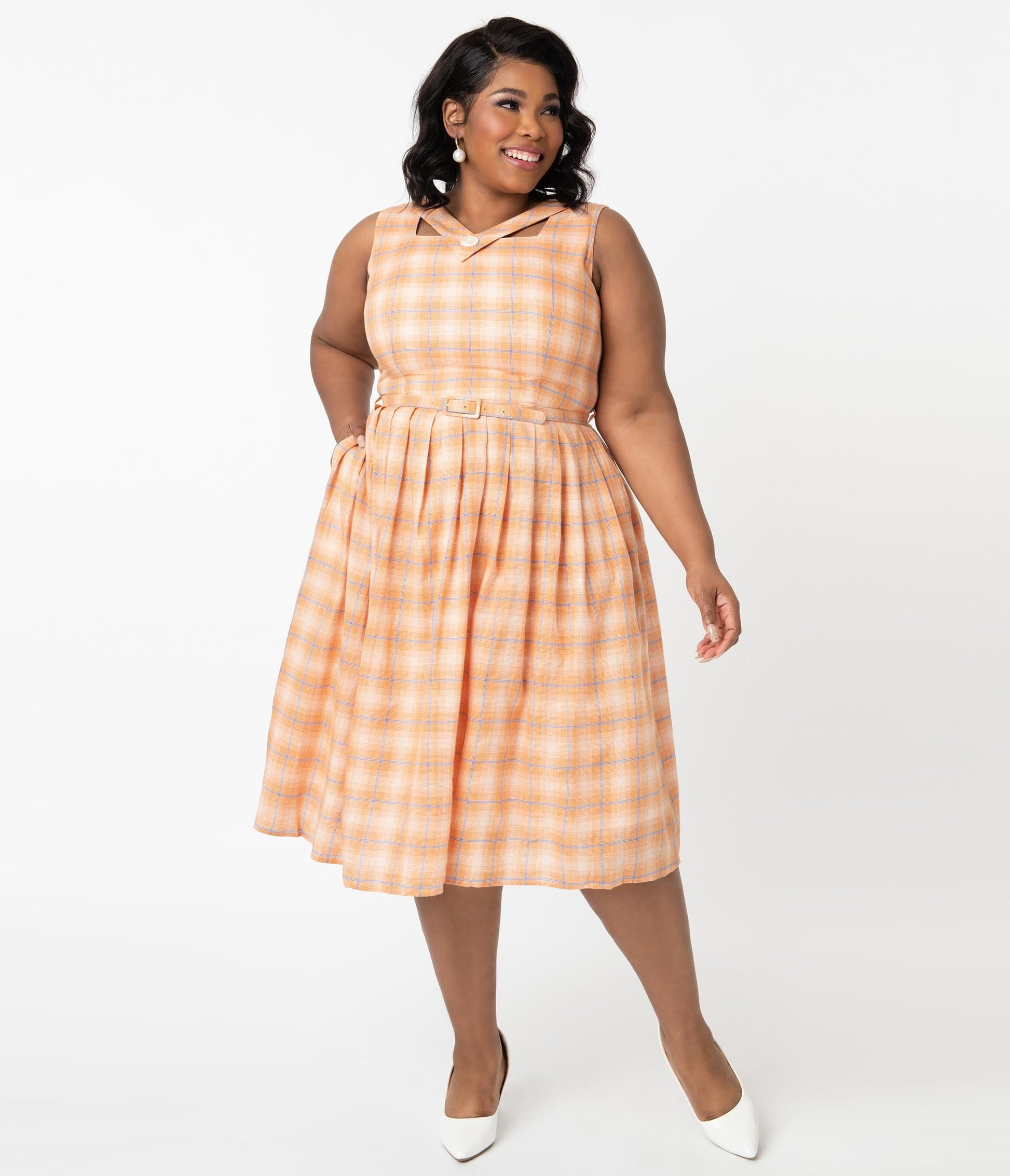 Plus Size 1950s Orange & Blue Plaid Matilda Swing Dress