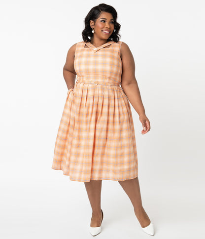 Plus Size 1950s Orange & Blue Plaid Matilda Swing Dress