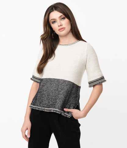 1970s Style Ivory & Black Colorblock Sweater
