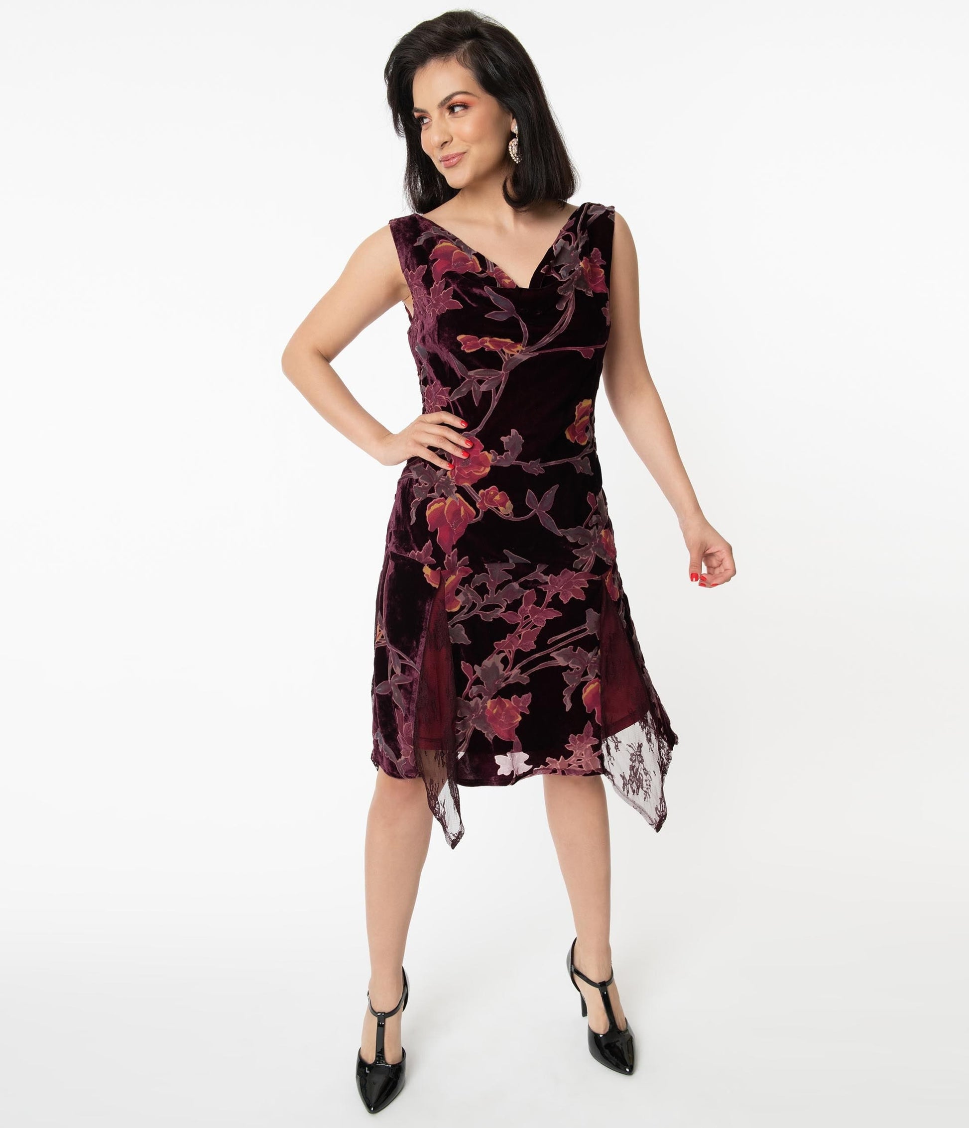 Unique Vintage Burgundy Velvet Floral Hemingway Flapper Dress