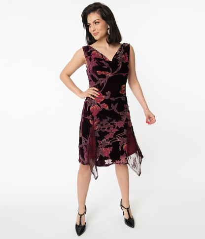 Unique Vintage Burgundy Velvet Floral Hemingway Flapper Dress