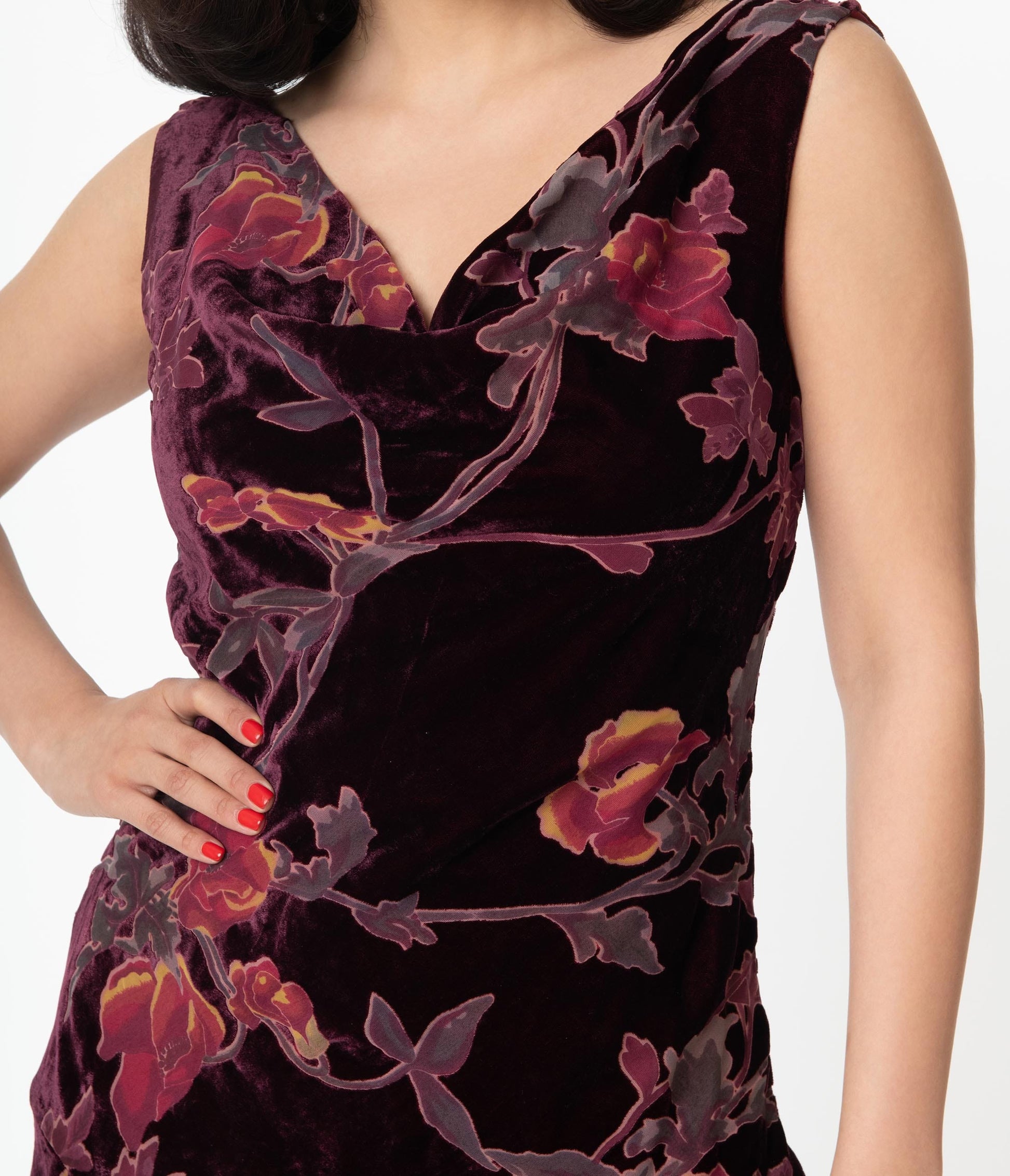 Unique Vintage Burgundy Velvet Floral Hemingway Flapper Dress