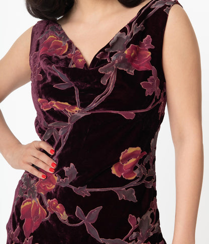 Unique Vintage Burgundy Velvet Floral Hemingway Flapper Dress