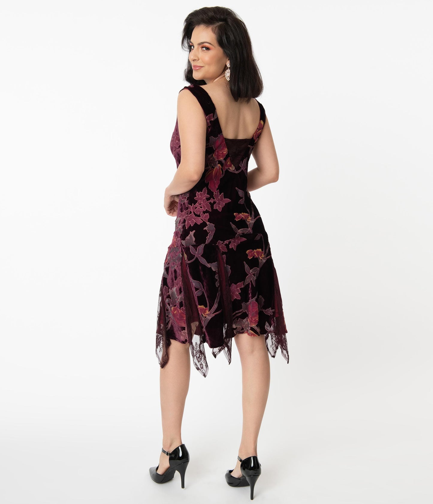 Unique Vintage Burgundy Velvet Floral Hemingway Flapper Dress