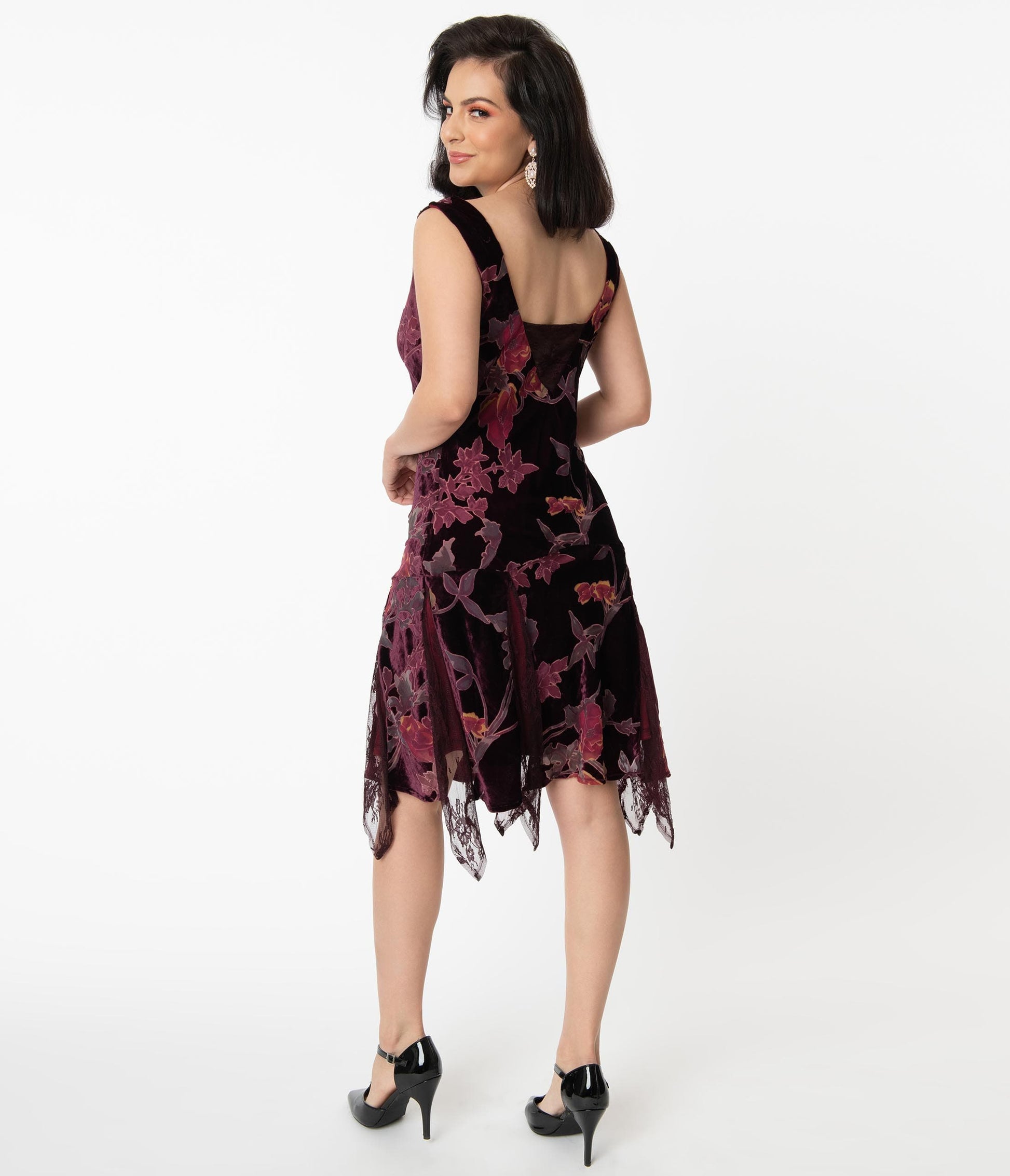 Unique Vintage Burgundy Velvet Floral Hemingway Flapper Dress