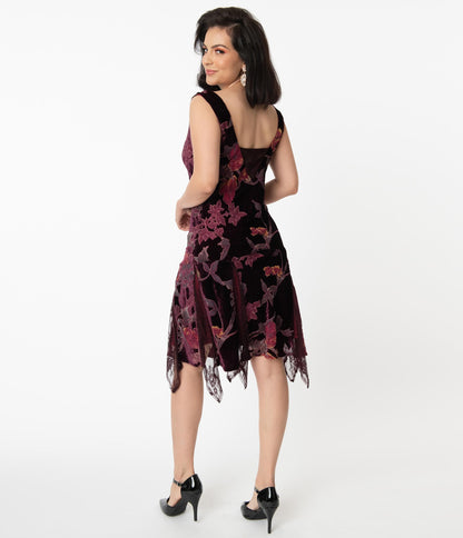 Unique Vintage Burgundy Velvet Floral Hemingway Flapper Dress