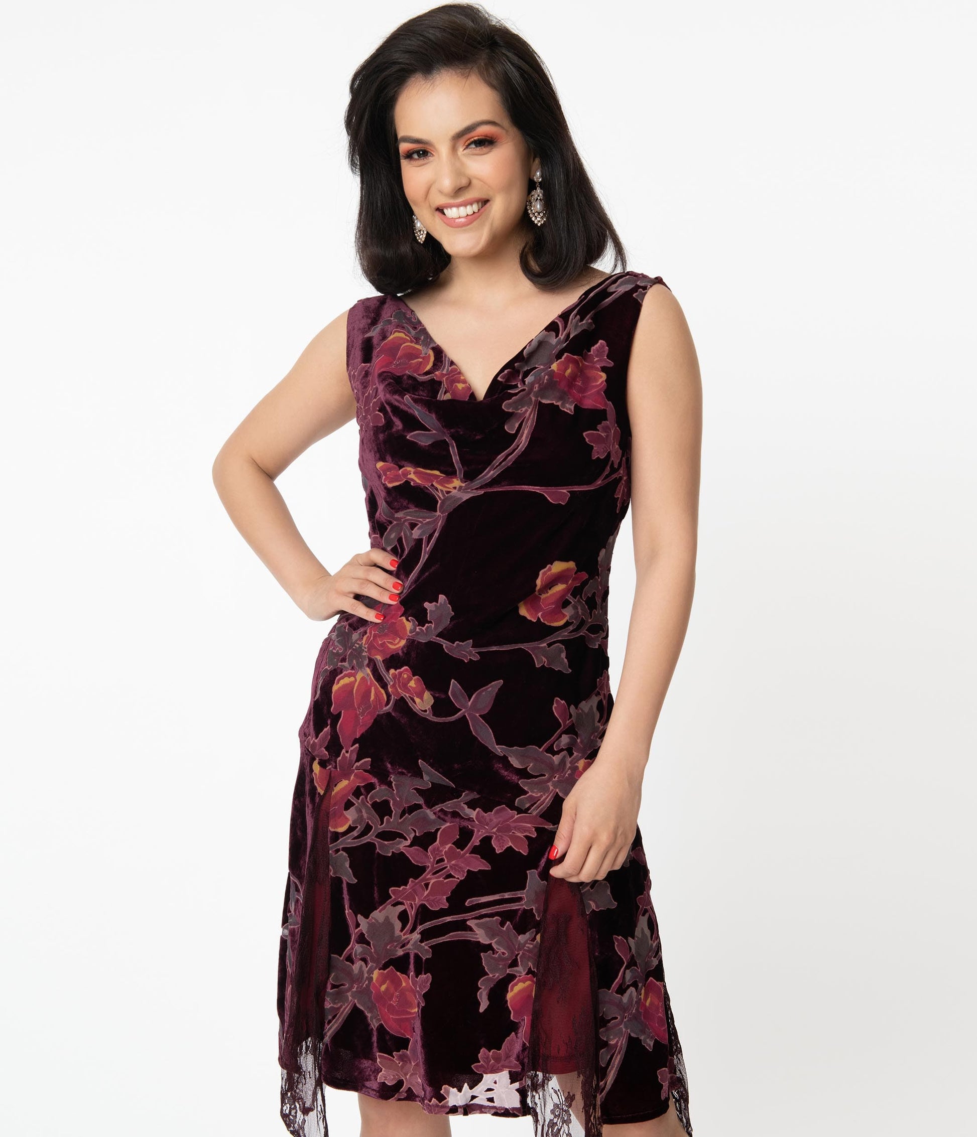 Unique Vintage Burgundy Velvet Floral Hemingway Flapper Dress