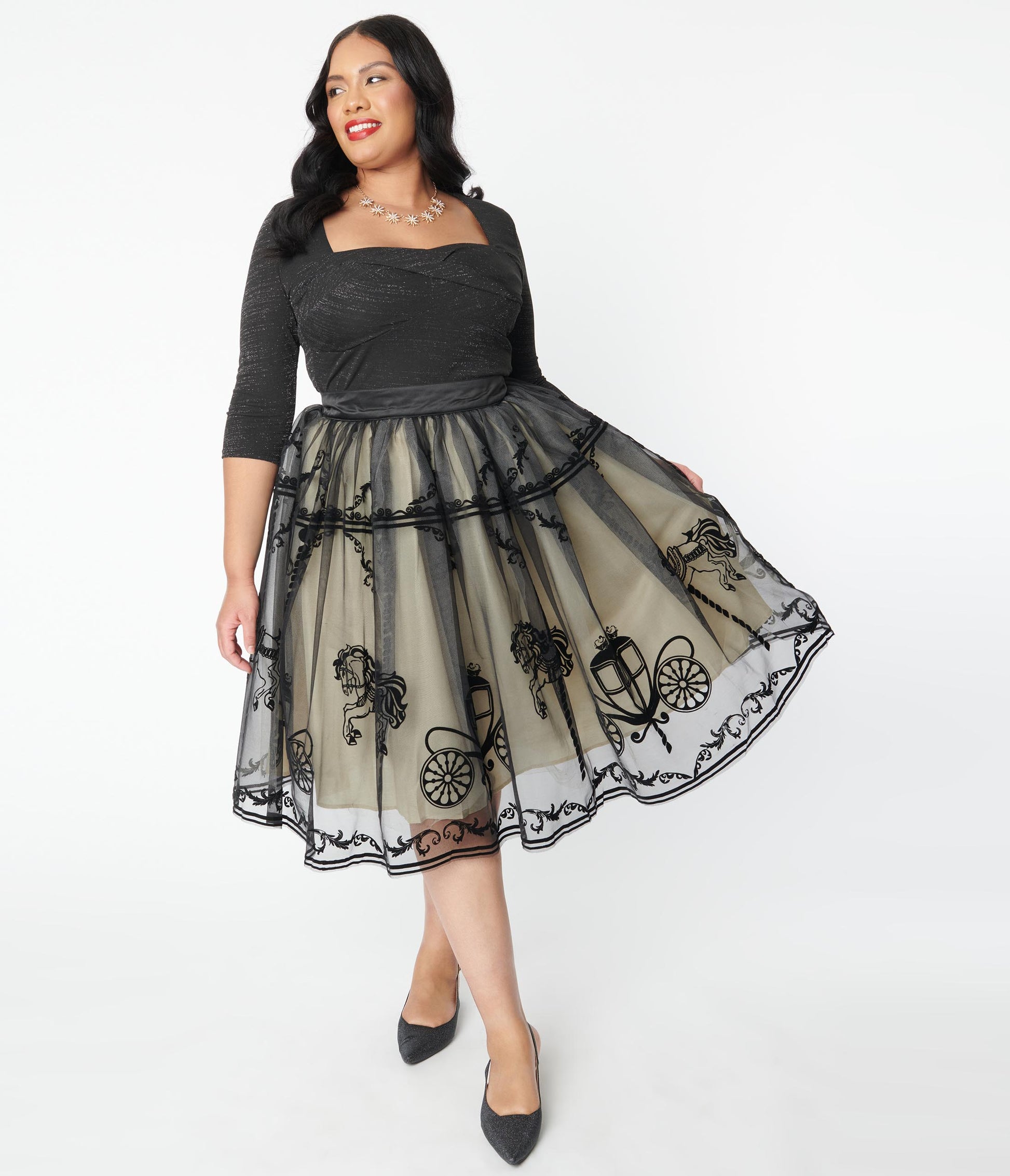 Unique Vintage Plus Size Black Carousel Brilliance Swing Skirt