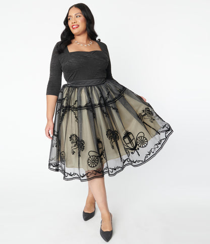 Unique Vintage Plus Size Black Carousel Brilliance Swing Skirt