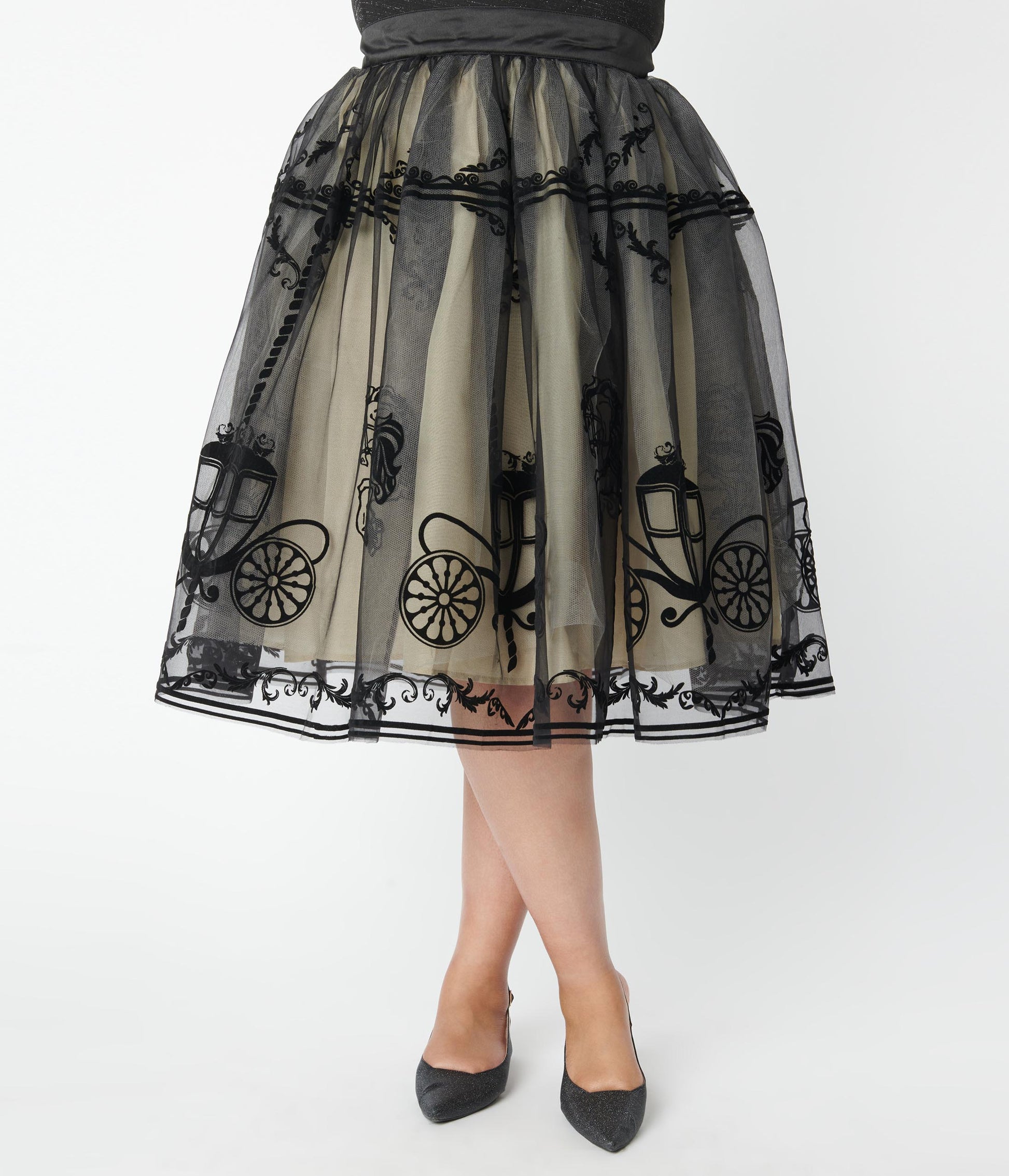 Unique Vintage Plus Size Black Carousel Brilliance Swing Skirt