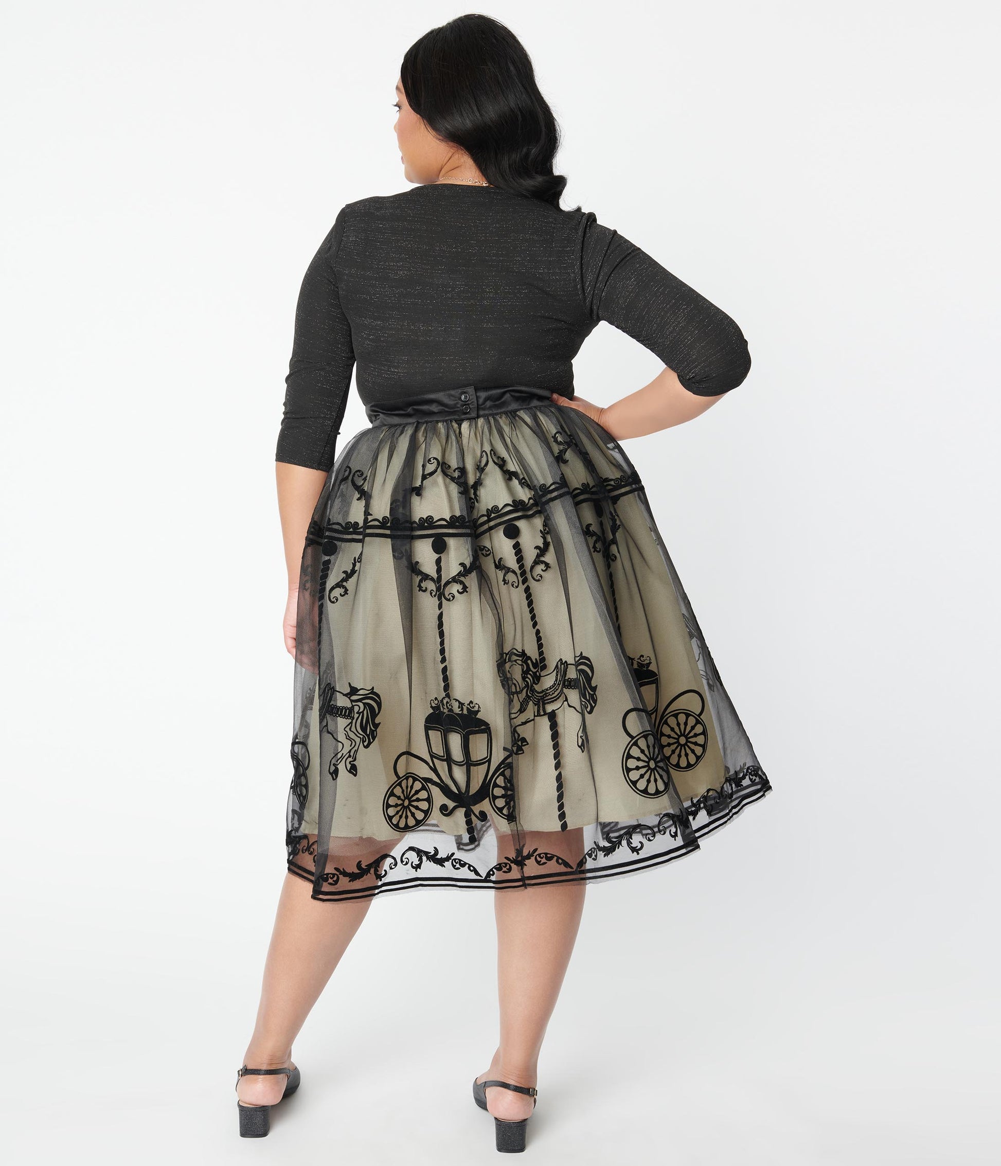 Unique Vintage Plus Size Black Carousel Brilliance Swing Skirt
