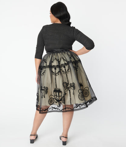 Unique Vintage Plus Size Black Carousel Brilliance Swing Skirt