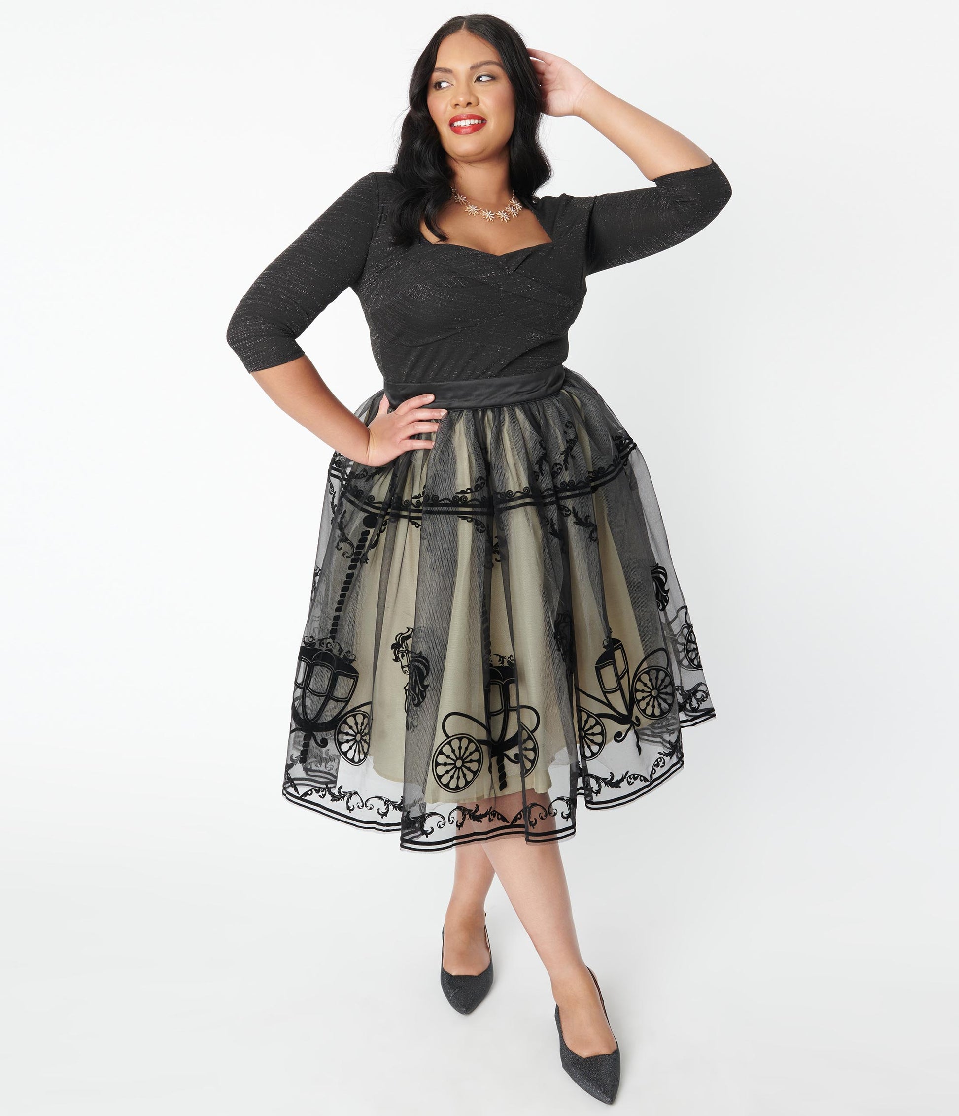 Unique Vintage Plus Size Black Carousel Brilliance Swing Skirt