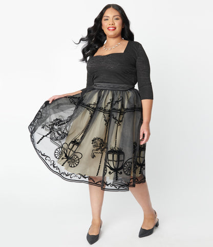 Unique Vintage Plus Size Black Carousel Brilliance Swing Skirt