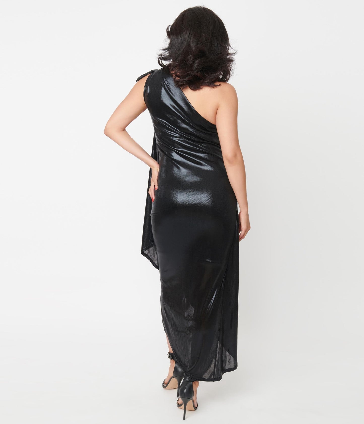1970s Unique Vintage Black Metallic One Shoulder Lucretia Fitted Dress