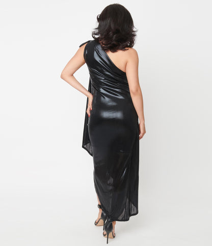 1970s Unique Vintage Black Metallic One Shoulder Lucretia Fitted Dress