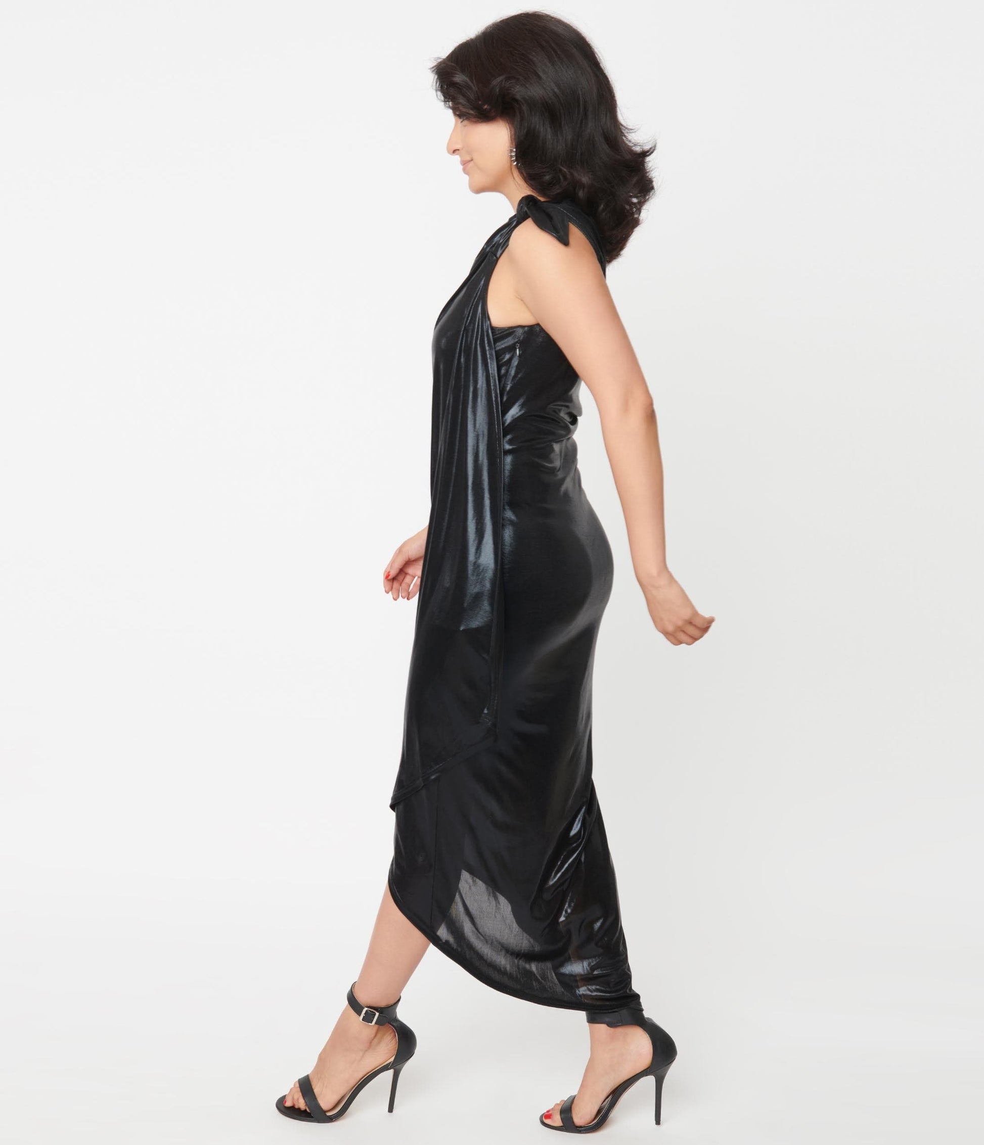 1970s Unique Vintage Black Metallic One Shoulder Lucretia Fitted Dress