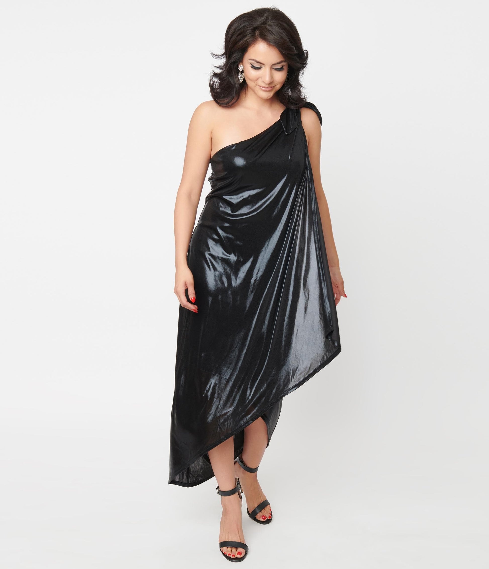 1970s Unique Vintage Black Metallic One Shoulder Lucretia Fitted Dress