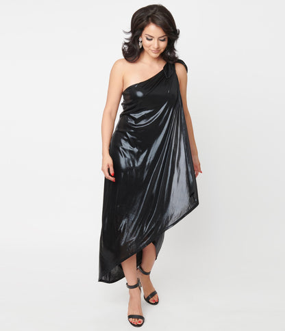 1970s Unique Vintage Black Metallic One Shoulder Lucretia Fitted Dress