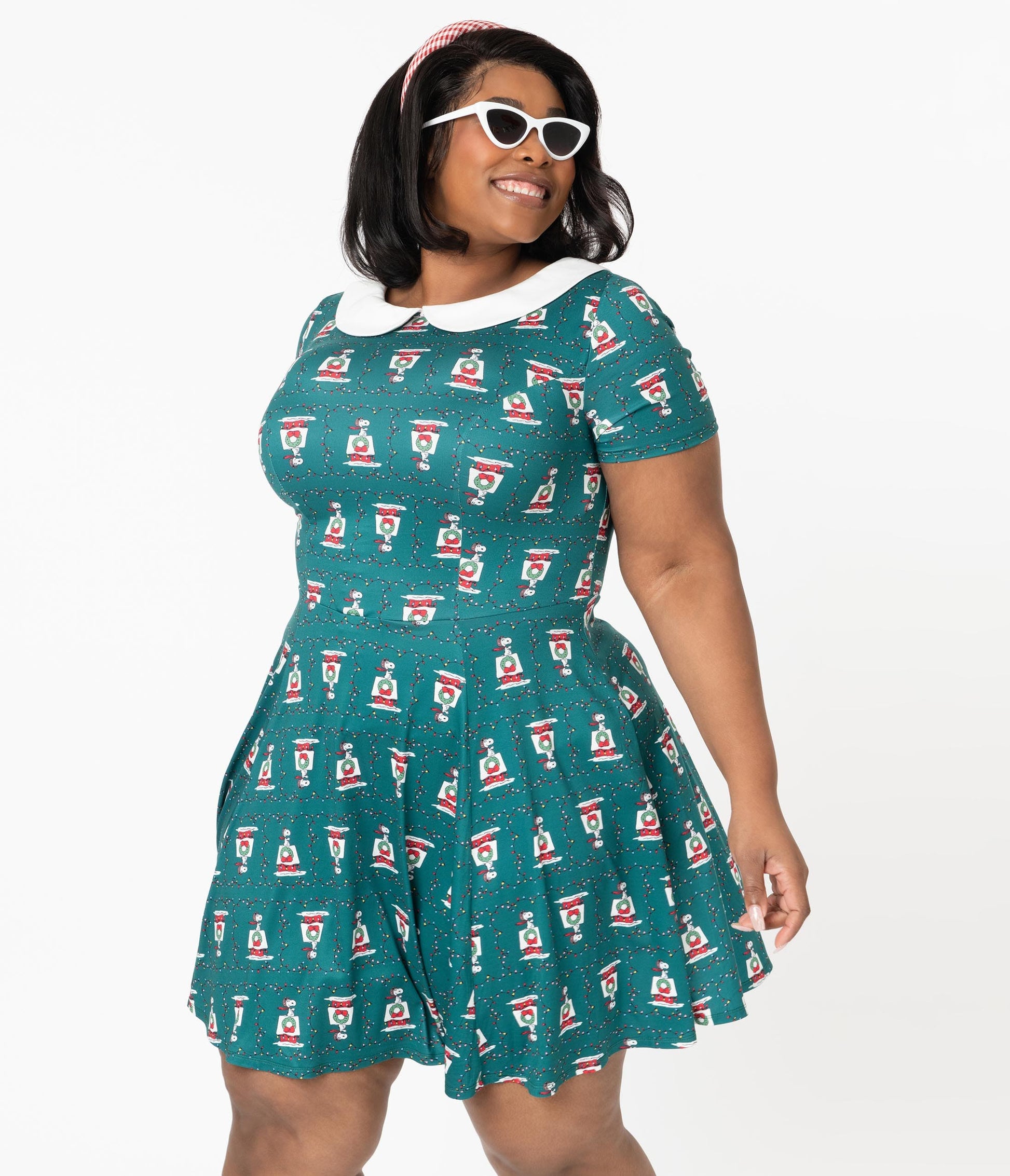 Peanuts x Unique Vintage Plus Size Snoopy Christmas Print Margot Fit & Flare Dress