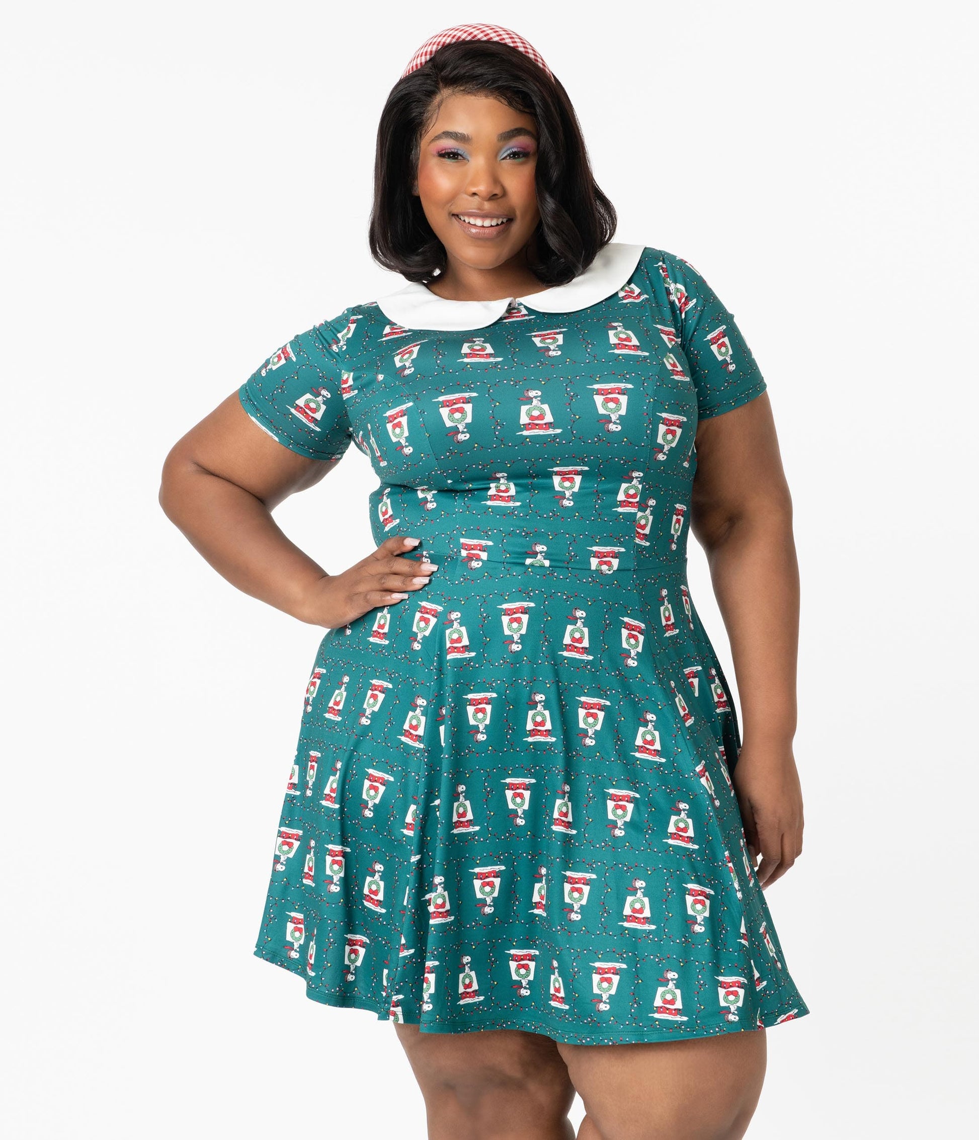 Peanuts x Unique Vintage Plus Size Snoopy Christmas Print Margot Fit & Flare Dress