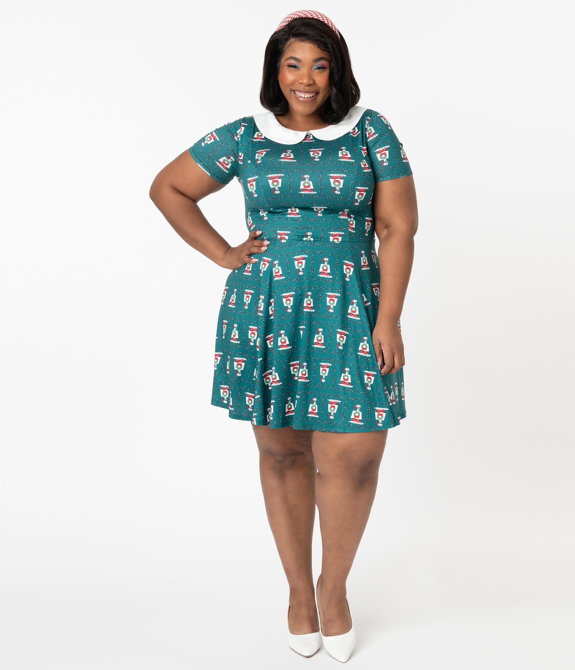 Peanuts x Unique Vintage Plus Size Snoopy Christmas Print Margot Fit & Flare Dress