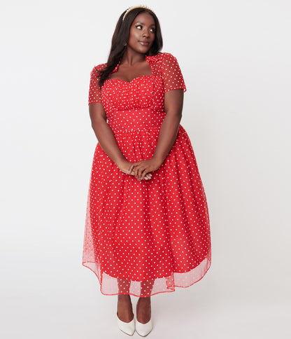 Unique Vintage Plus Size Red & White Swiss Dot Libby Swing Dress