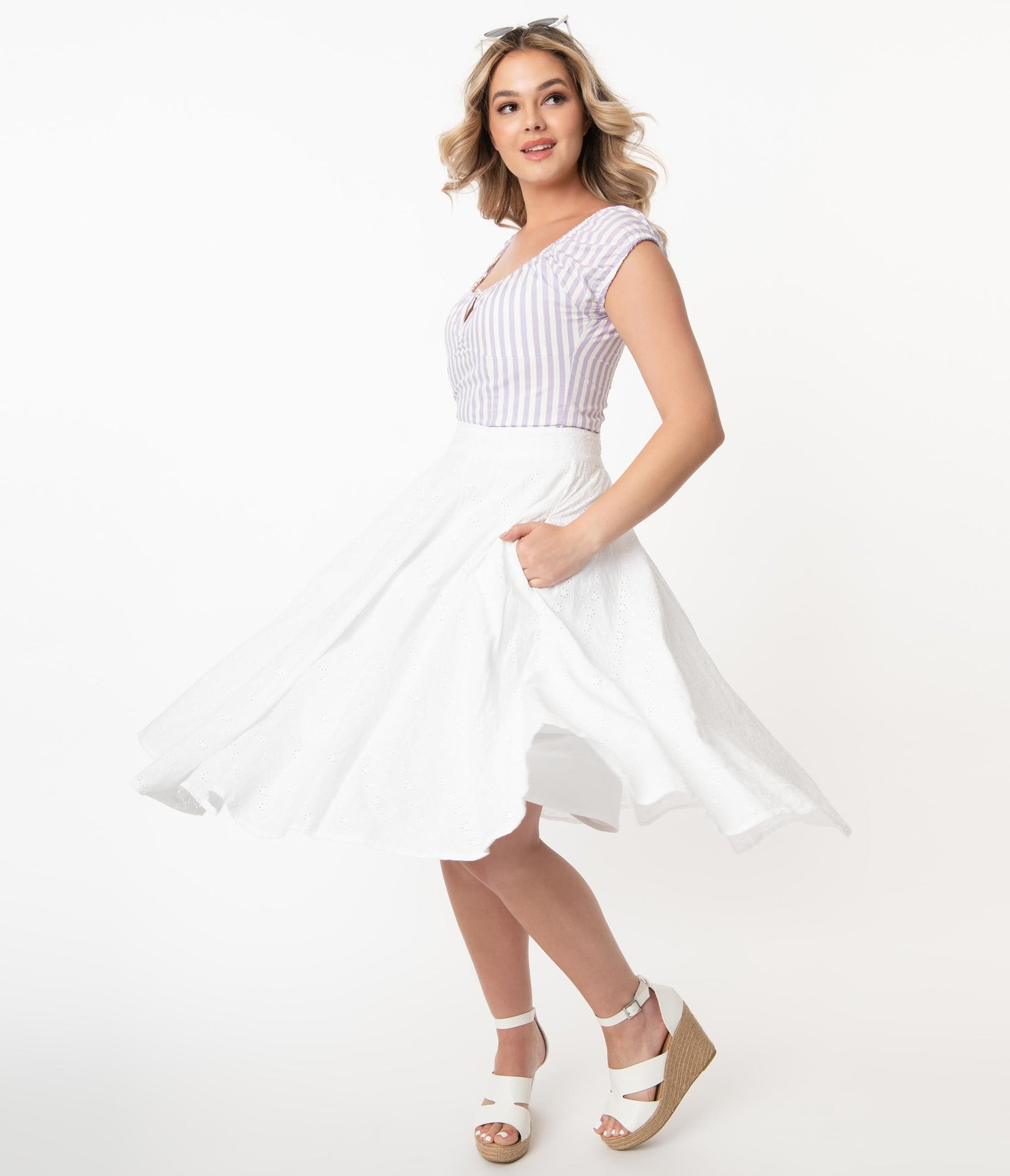 1950s White Floral Eyelet Angelina Cotton Swing Skirt