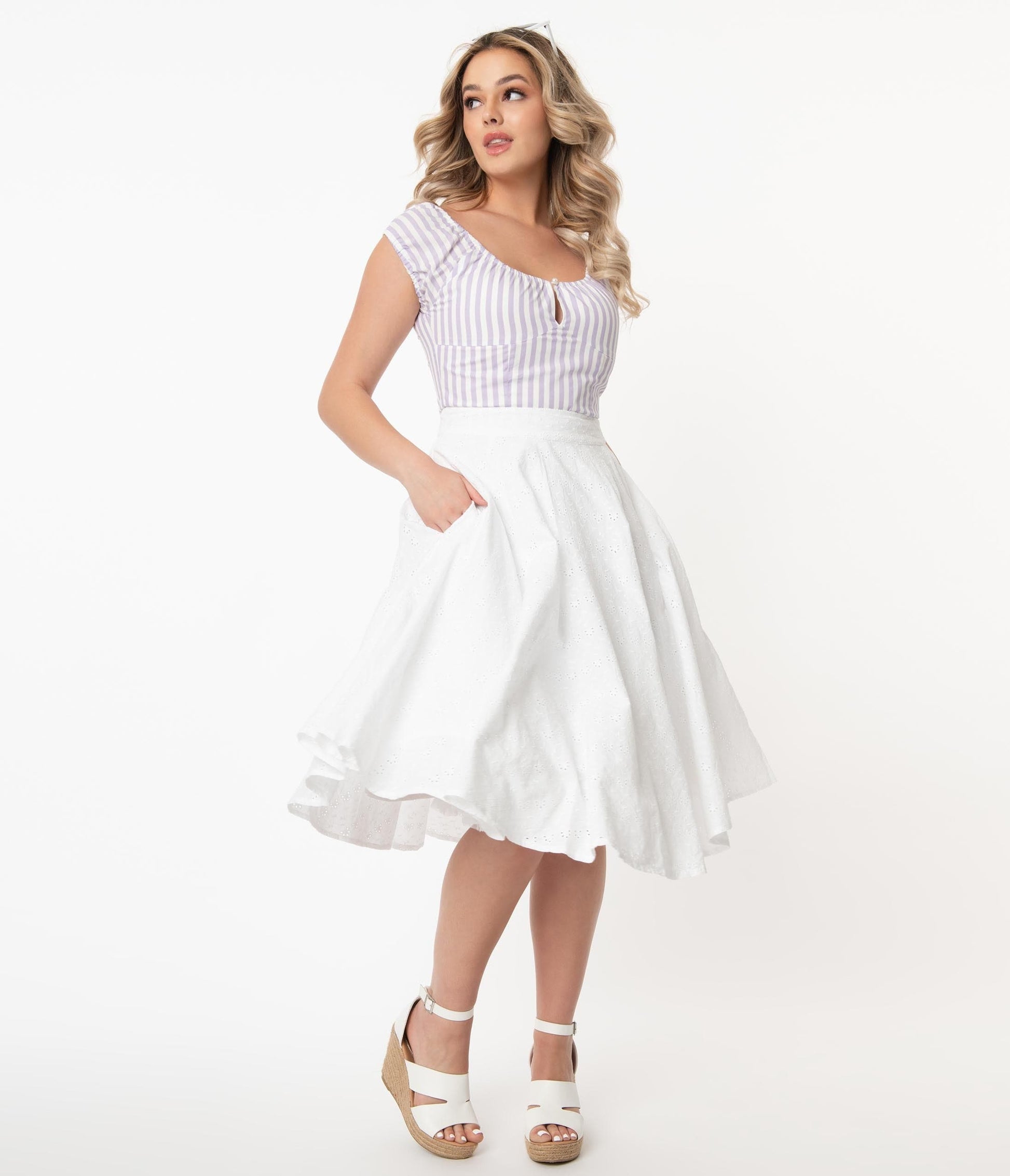 1950s White Floral Eyelet Angelina Cotton Swing Skirt