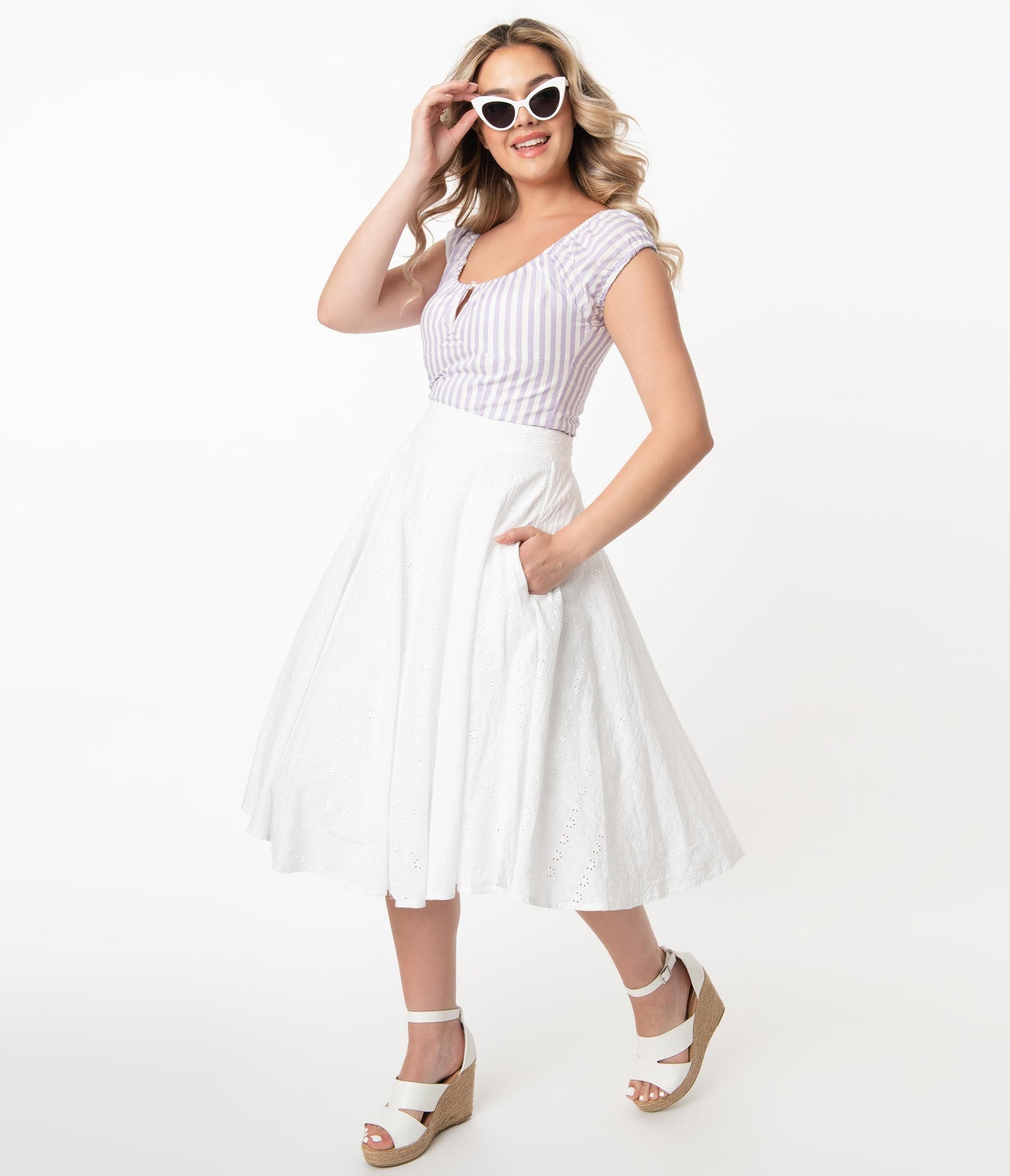 1950s White Floral Eyelet Angelina Cotton Swing Skirt