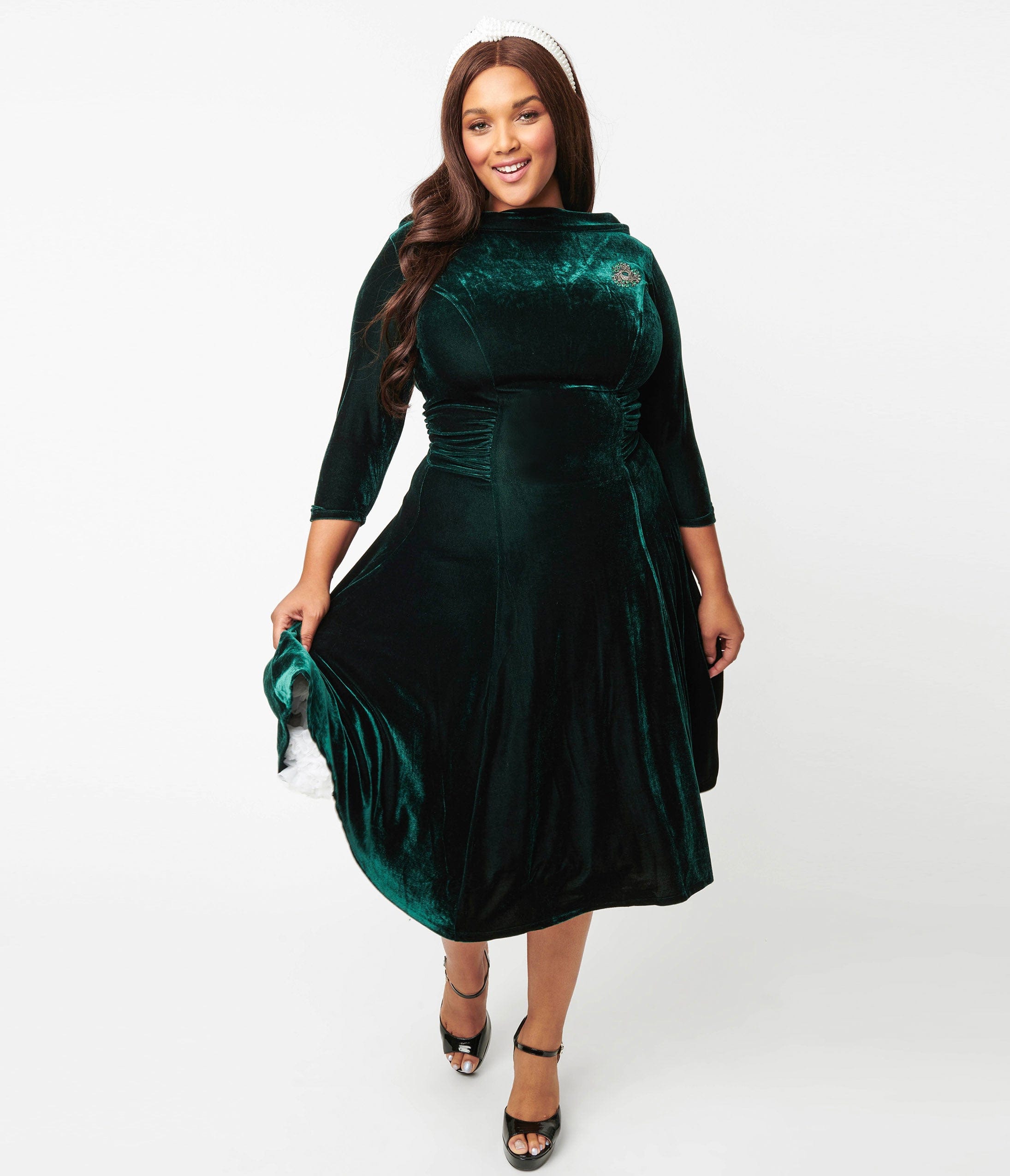 Unique Vintage Plus Size Emerald Velvet Nicola Swing Dress