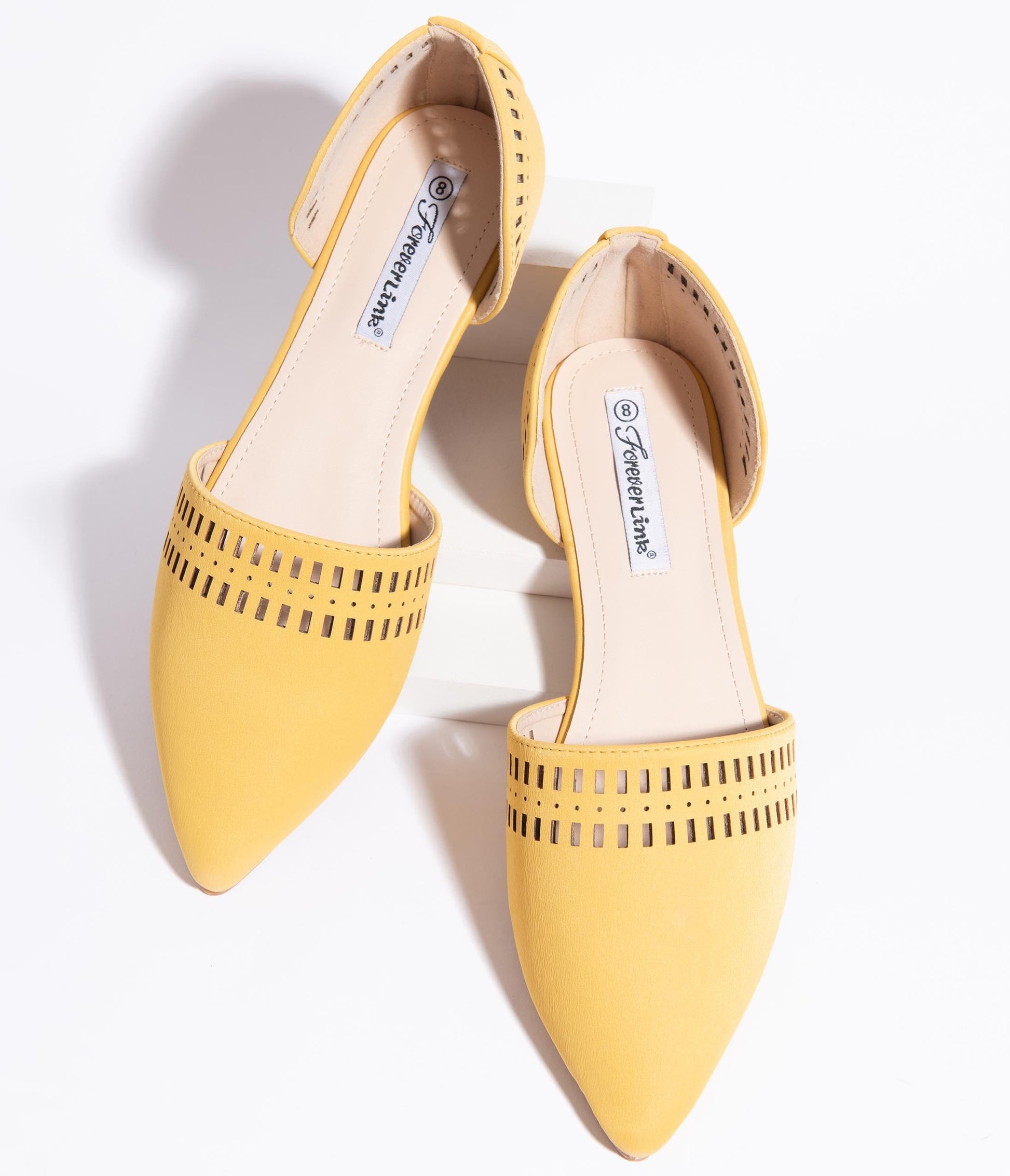 Mustard Cutout Leatherette Pointed Toe Flats