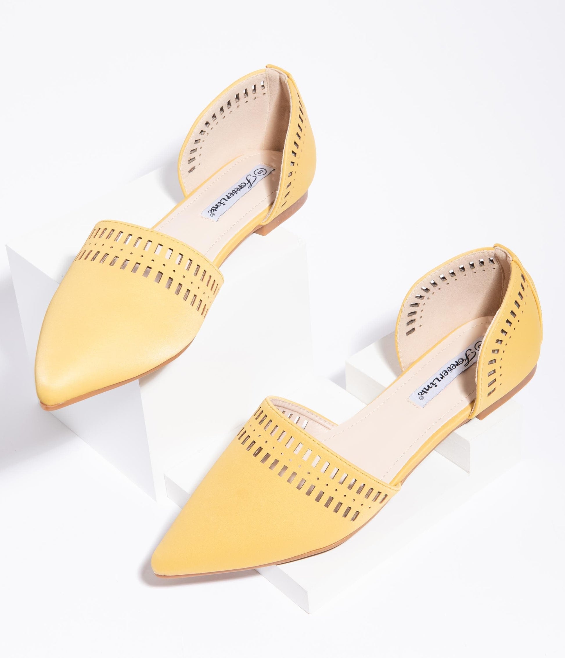 Mustard Cutout Leatherette Pointed Toe Flats