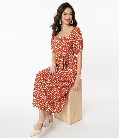 1970s Rust & Cream Animal Print Midi Dress