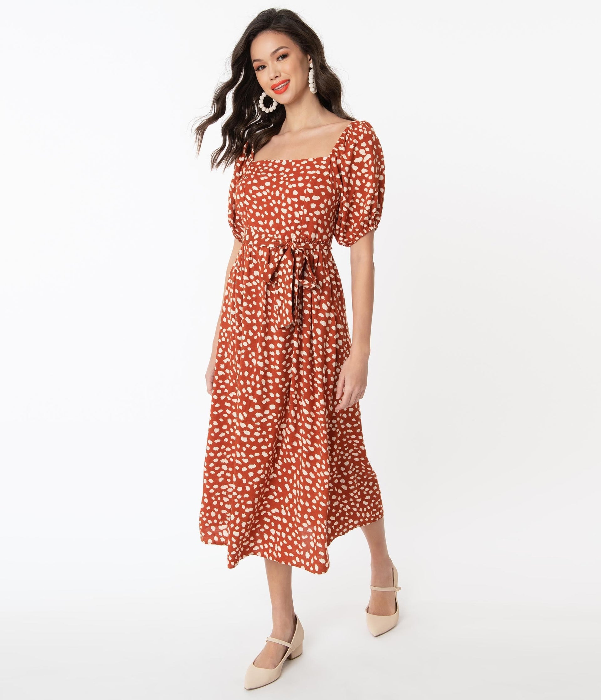 1970s Rust & Cream Animal Print Midi Dress