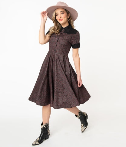 Magnolia Place Black & Pink Ditsy Floral Western Swing Dress