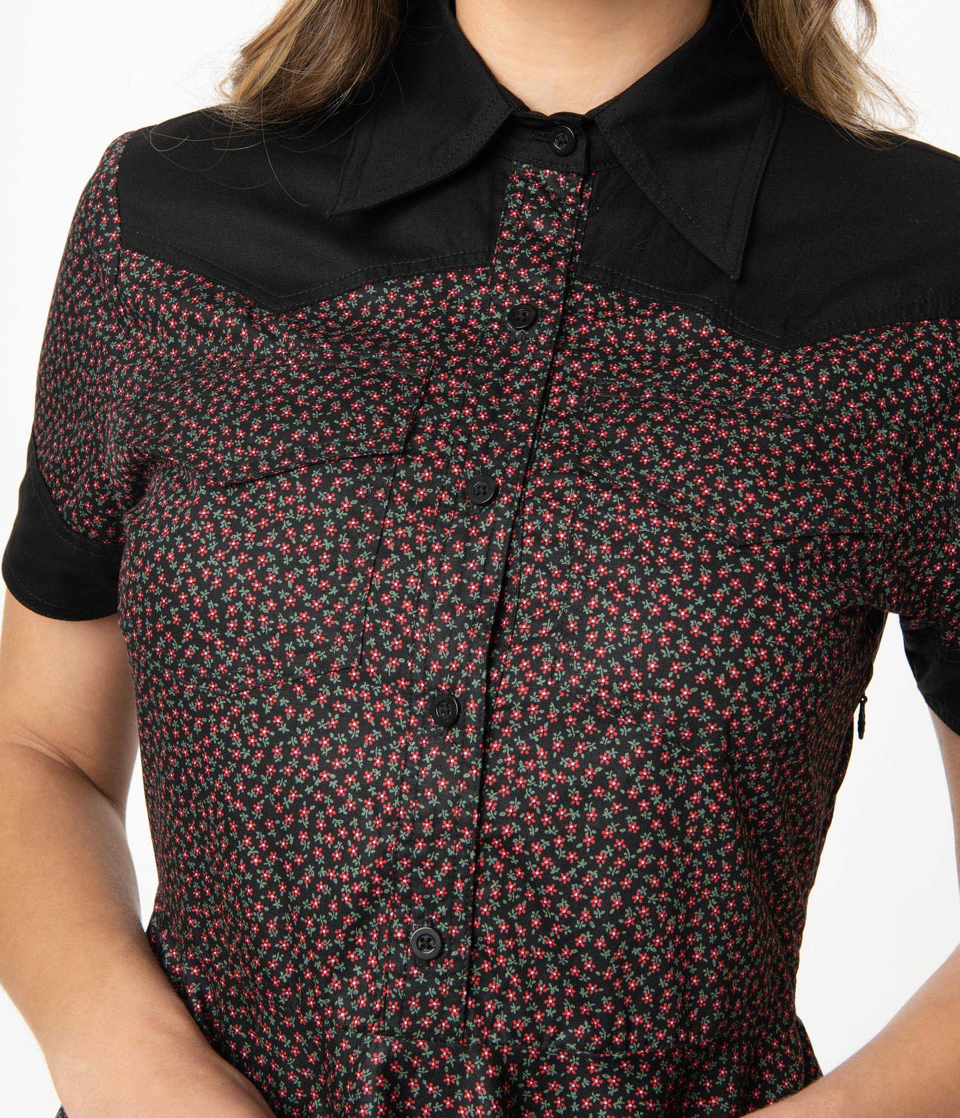 Magnolia Place Black & Pink Ditsy Floral Western Swing Dress