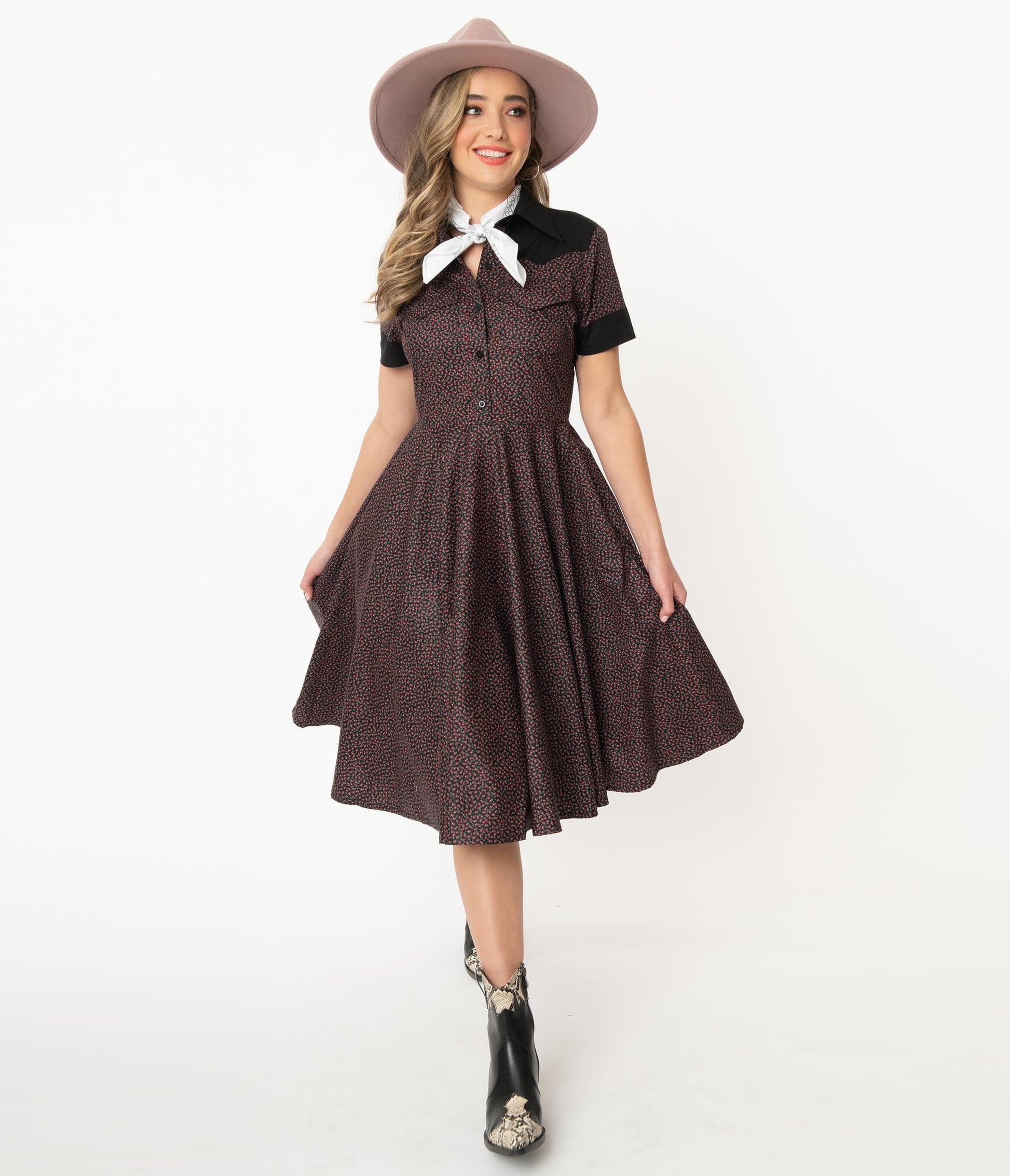 Magnolia Place Black & Pink Ditsy Floral Western Swing Dress